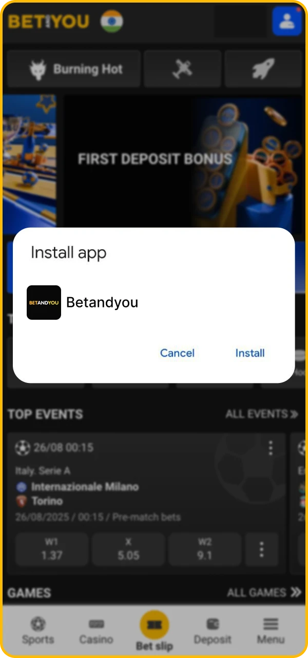 Wait until the BetAndYou online casino app installation is complete and play.