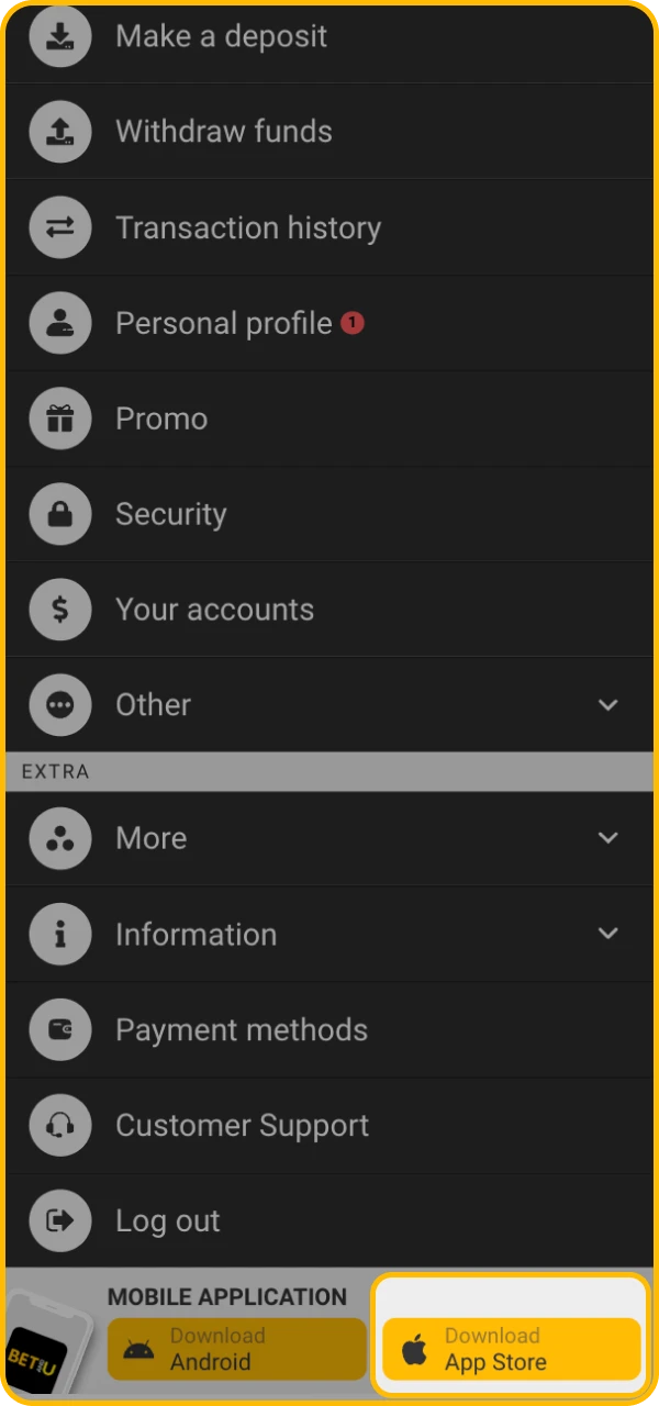 Go to the page with the BetAndYou mobile app.