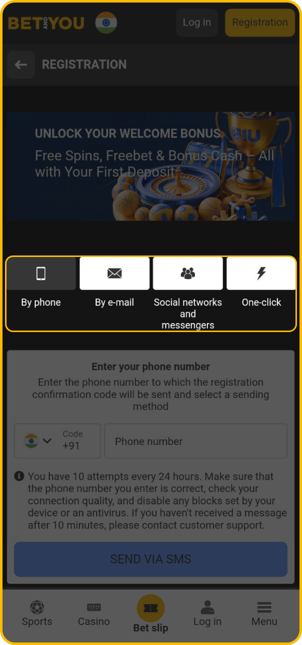 Open the registration form on the BetAndYou website and create your account.