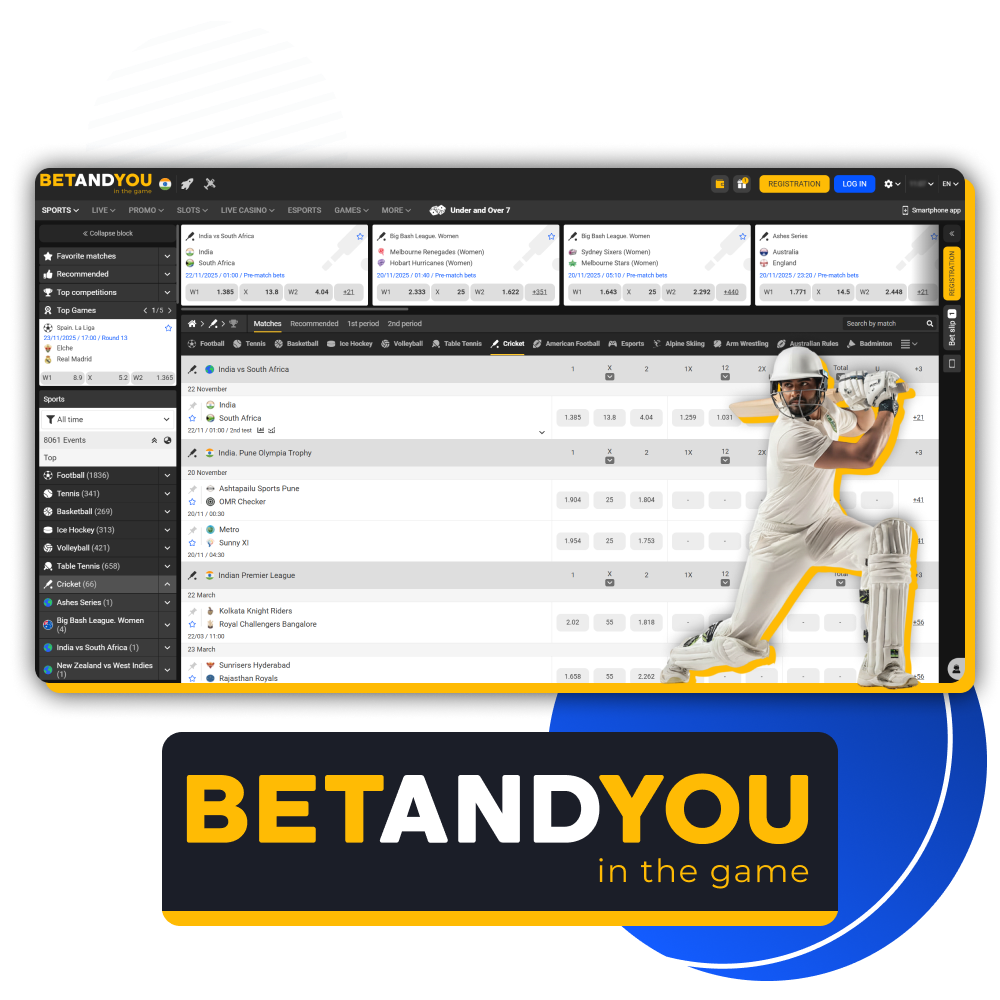Place your winning cricket bets on all tournaments at BetAndYou.