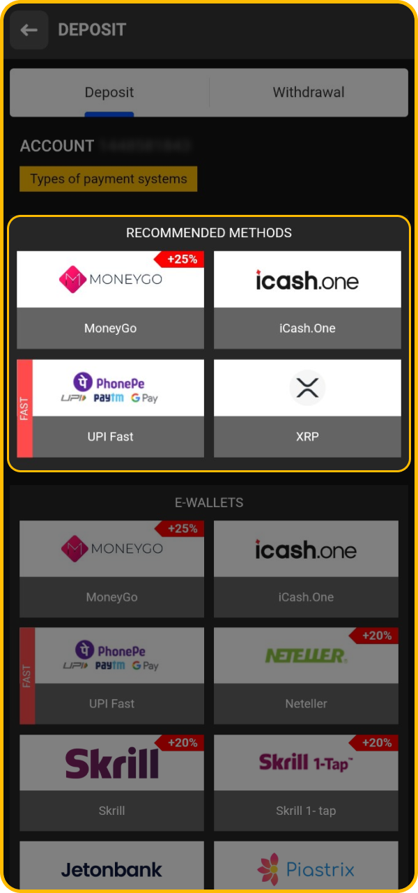 Fund your BetAndYou account instantly using many secure deposit options.