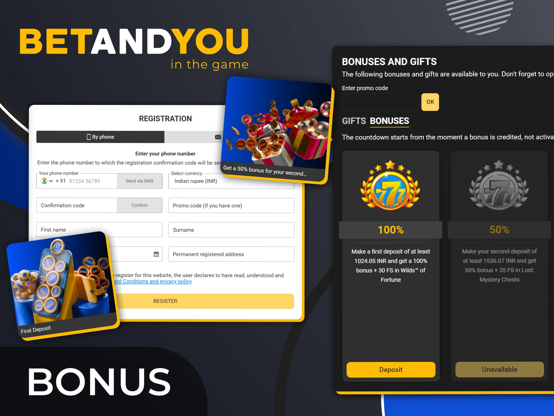 Claim your incredible first deposit bonus and gifts at BetAndYou.