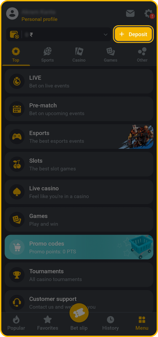 Click deposit and choose your preferred funding option at BetAndYou.