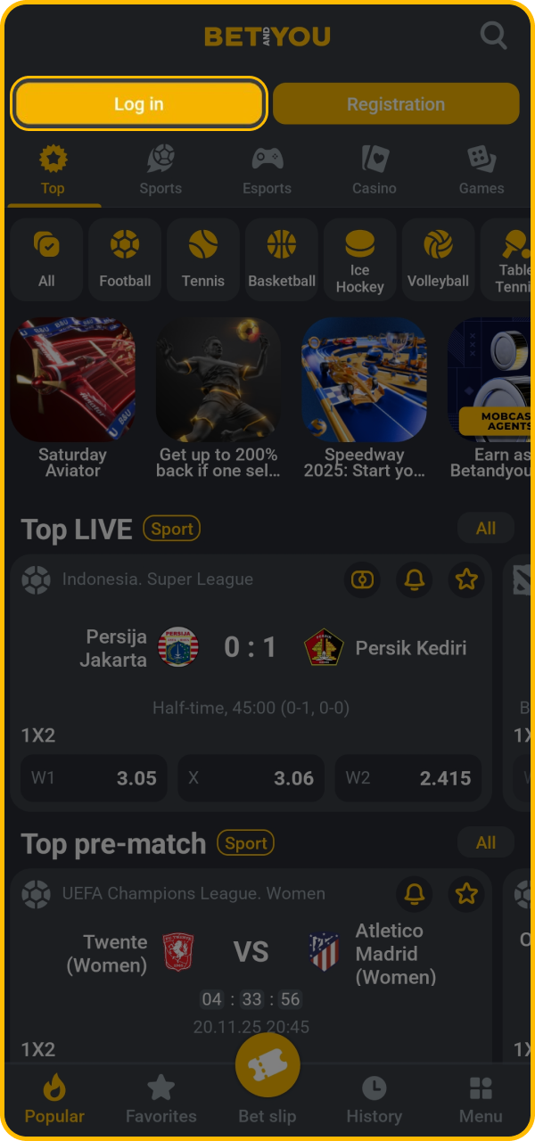 Log in to your BetAndYou account to access all features quickly.