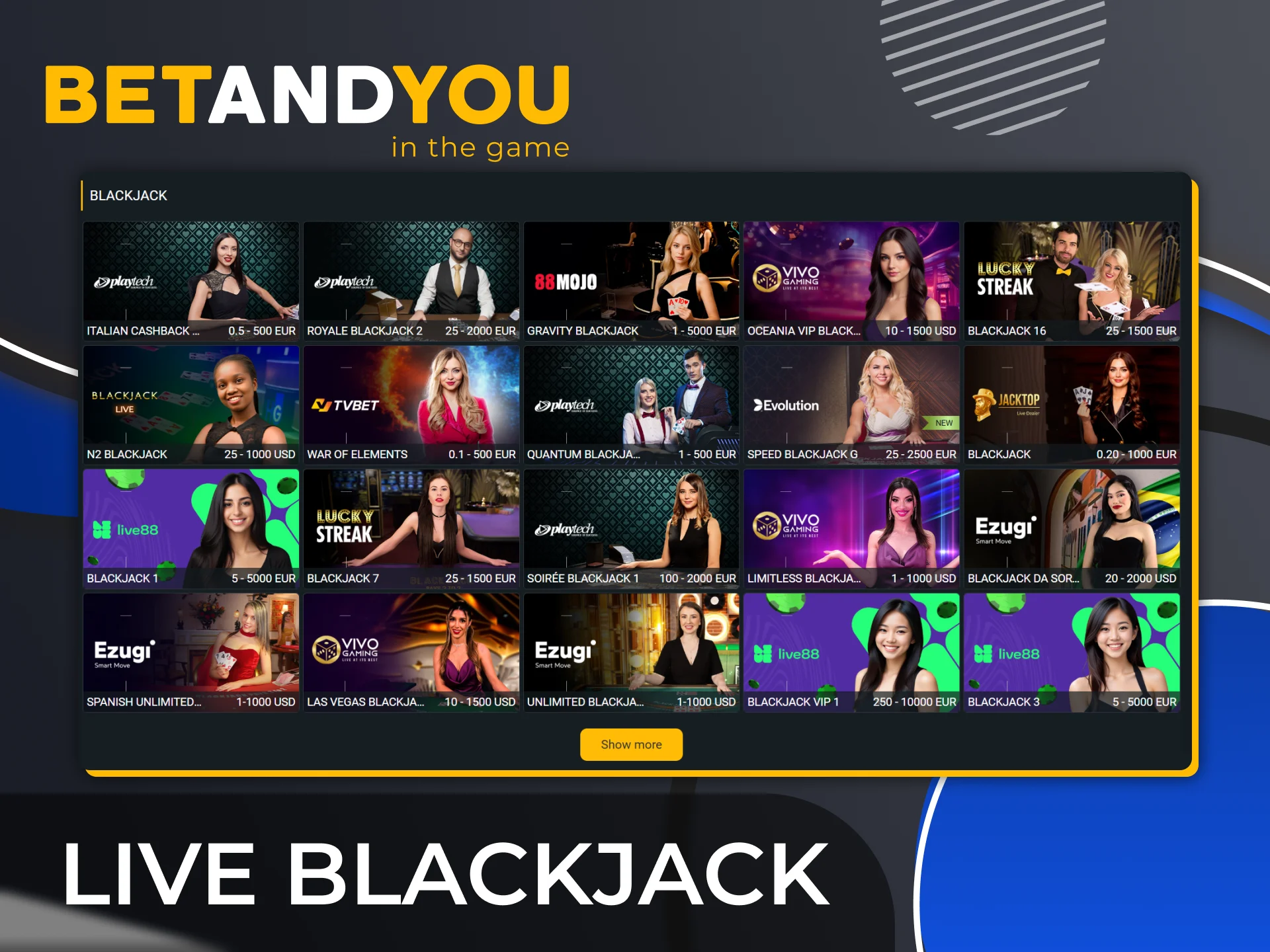 Visit Live Blackjack at BetAndYou and enjoy a variety of real-time games.