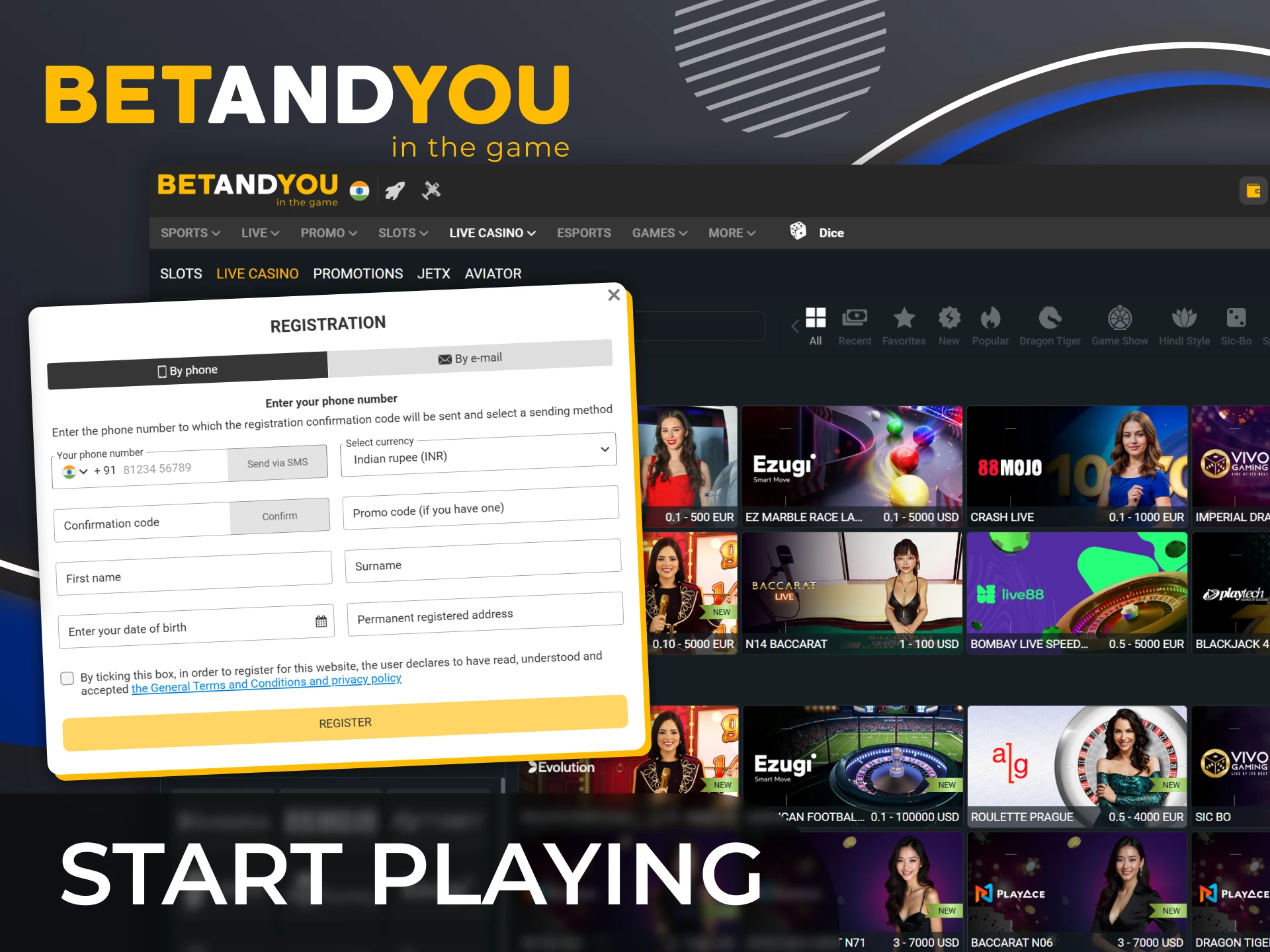 Register and start playing Live Casino Games on the official BetAndYou website.