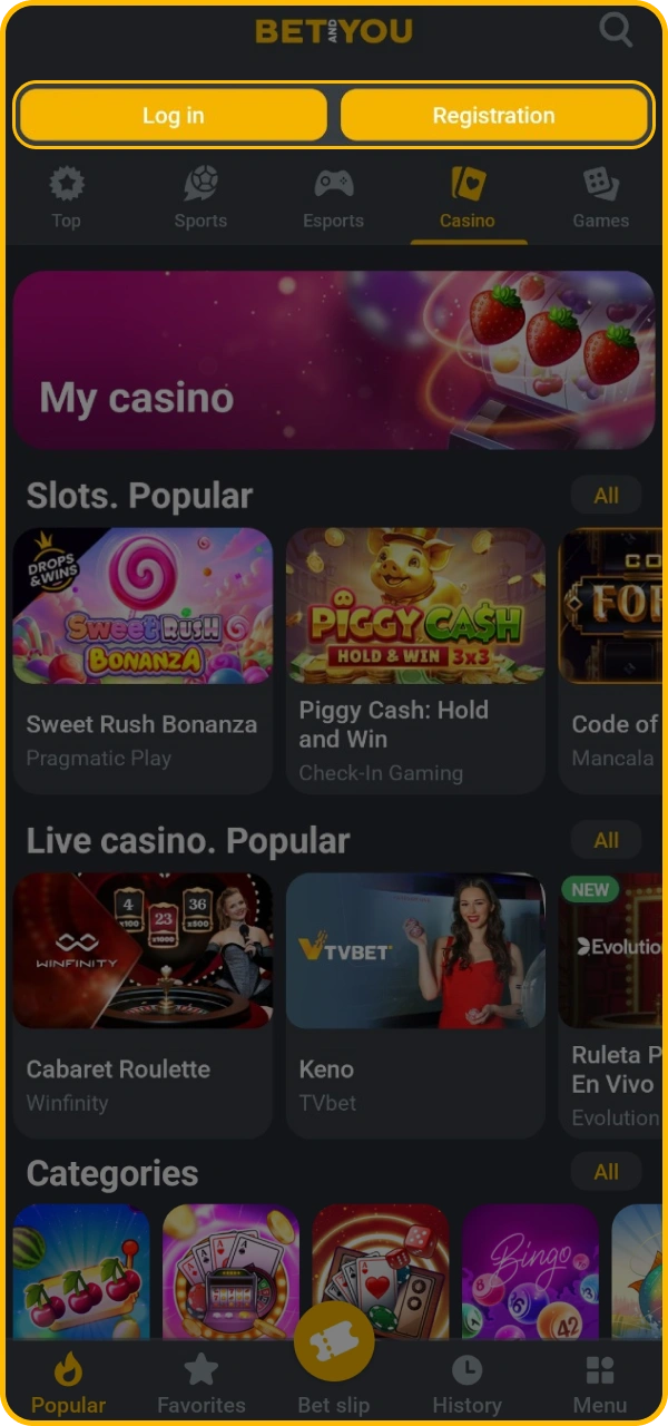 Sign up or log into the existing account at BetAndYou.