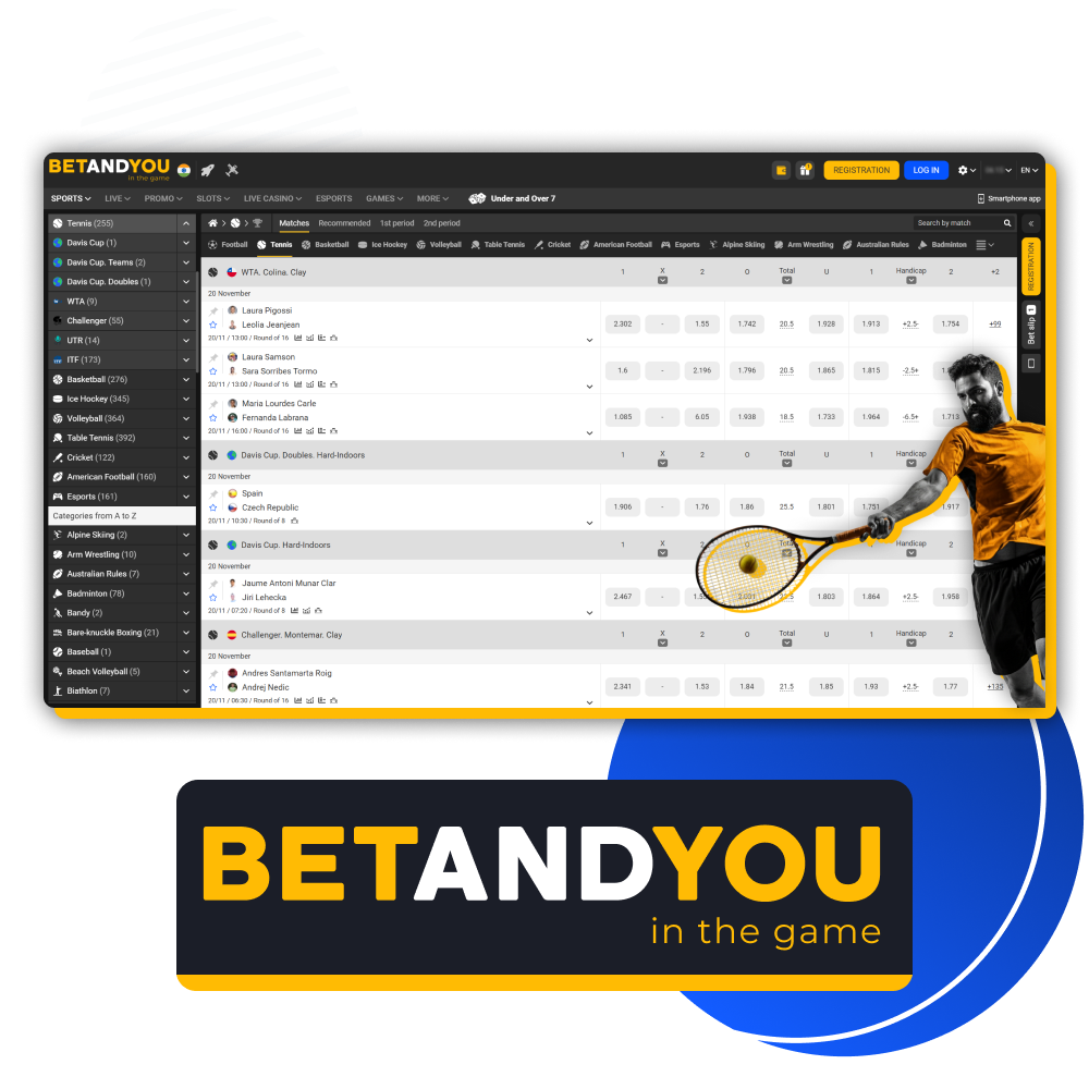 Place exciting bets on all tennis tournaments at BetAndYou.