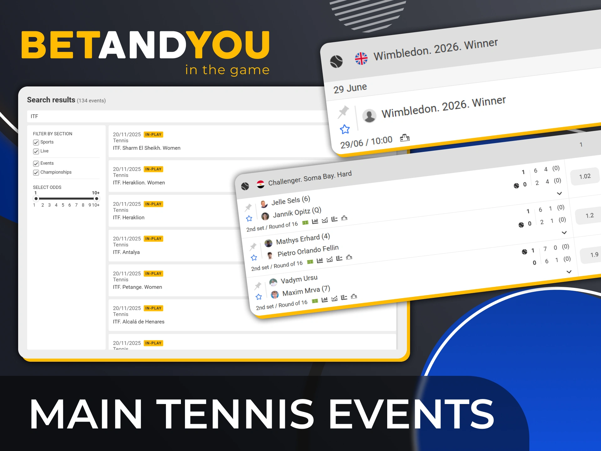 Take part in global tennis tournaments and matches at BetAndYou.